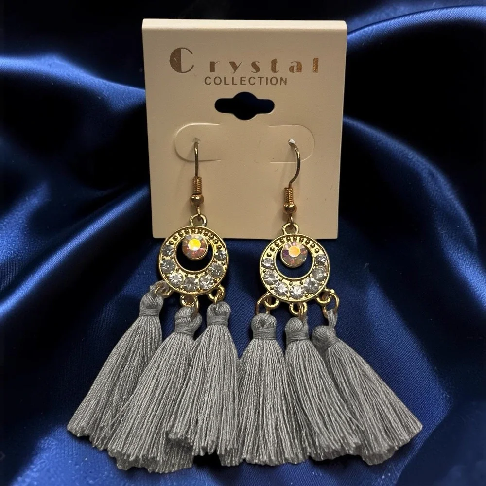 Bohemian Tassel Dangle Fringe Boho Gray / Gold Earrings